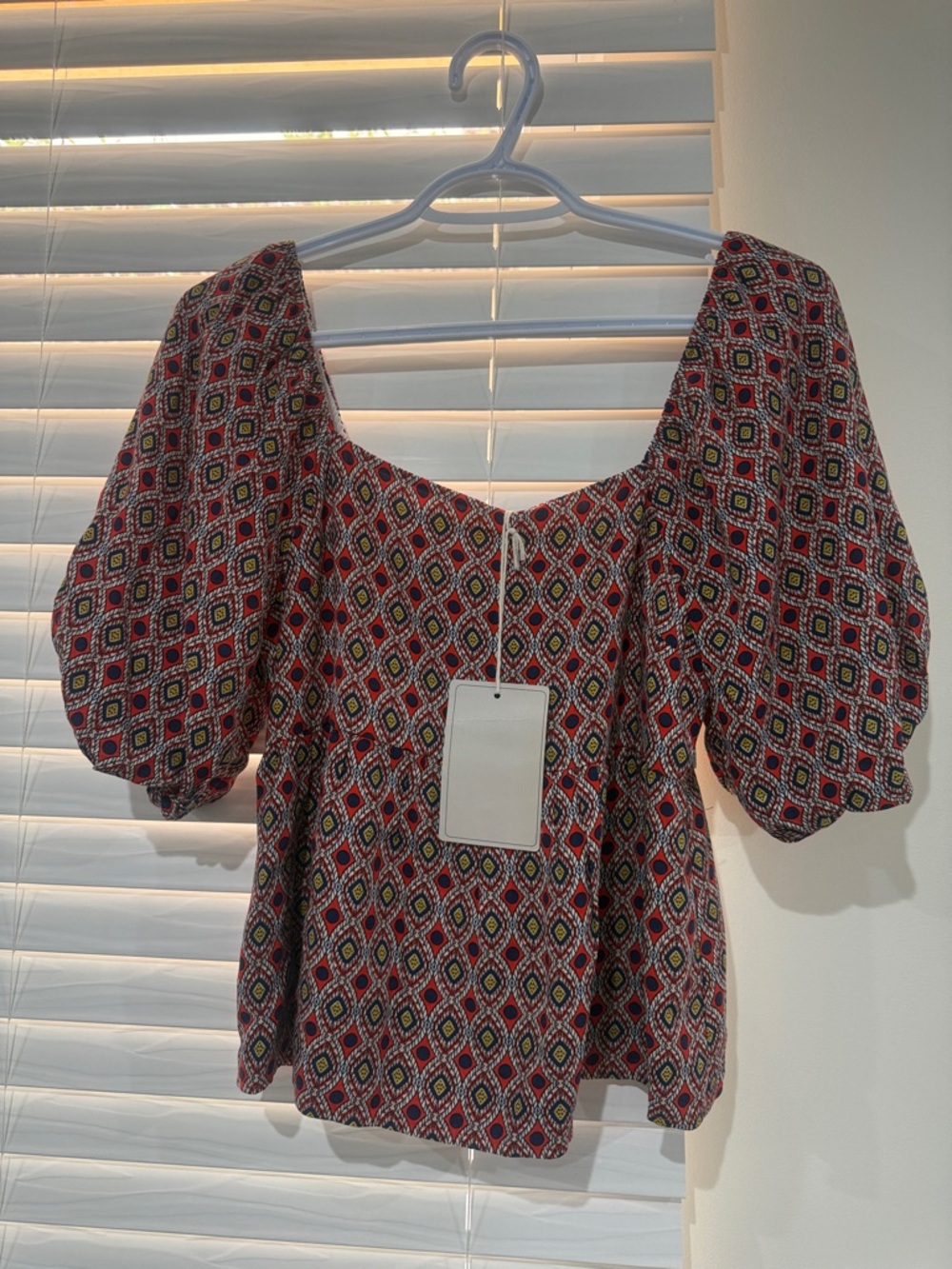 Puff-Sleeve Square Neck Blouse in Red Geo Print